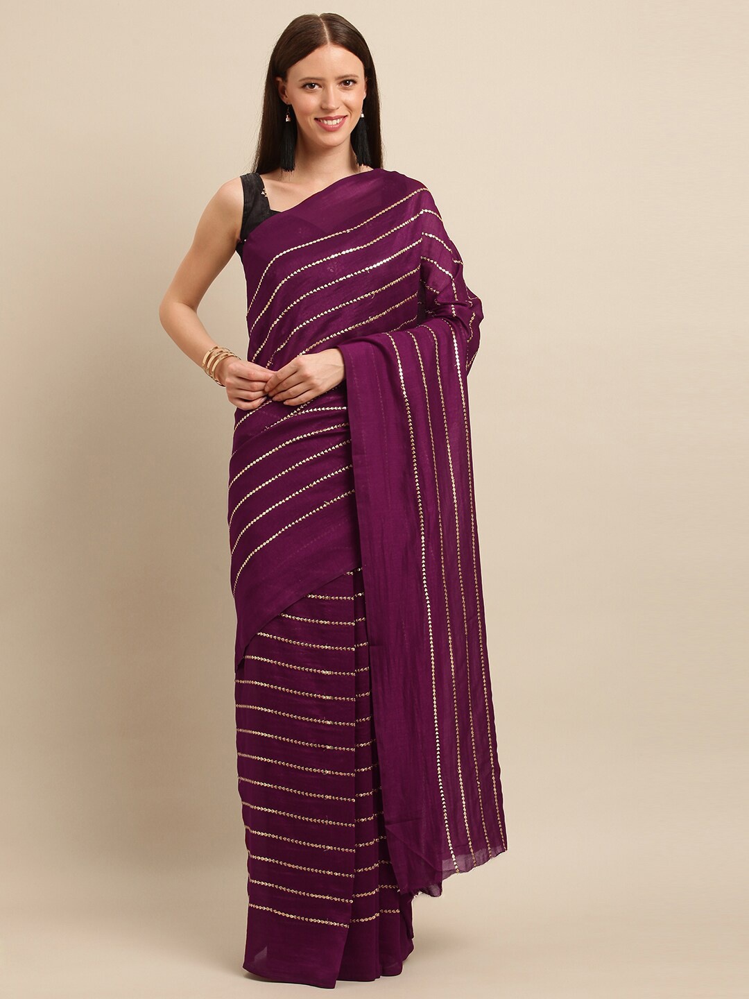 

Mitera Striped Gotta Patti Saree, Magenta