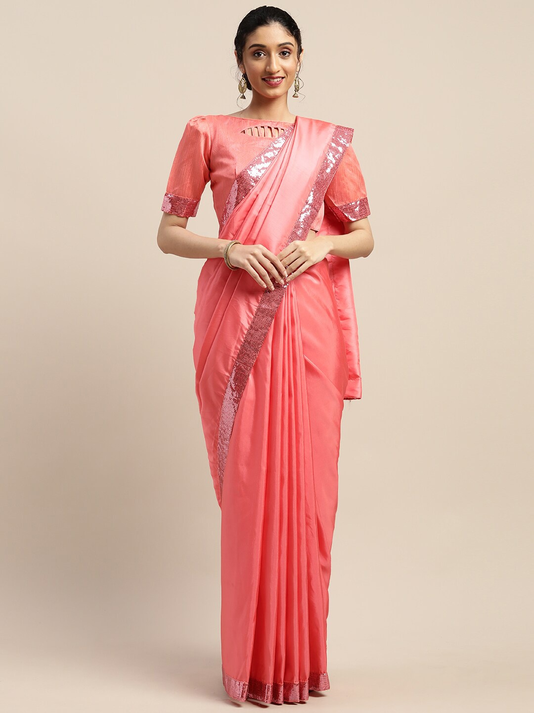 

Mitera Sequinned Border Saree, Pink