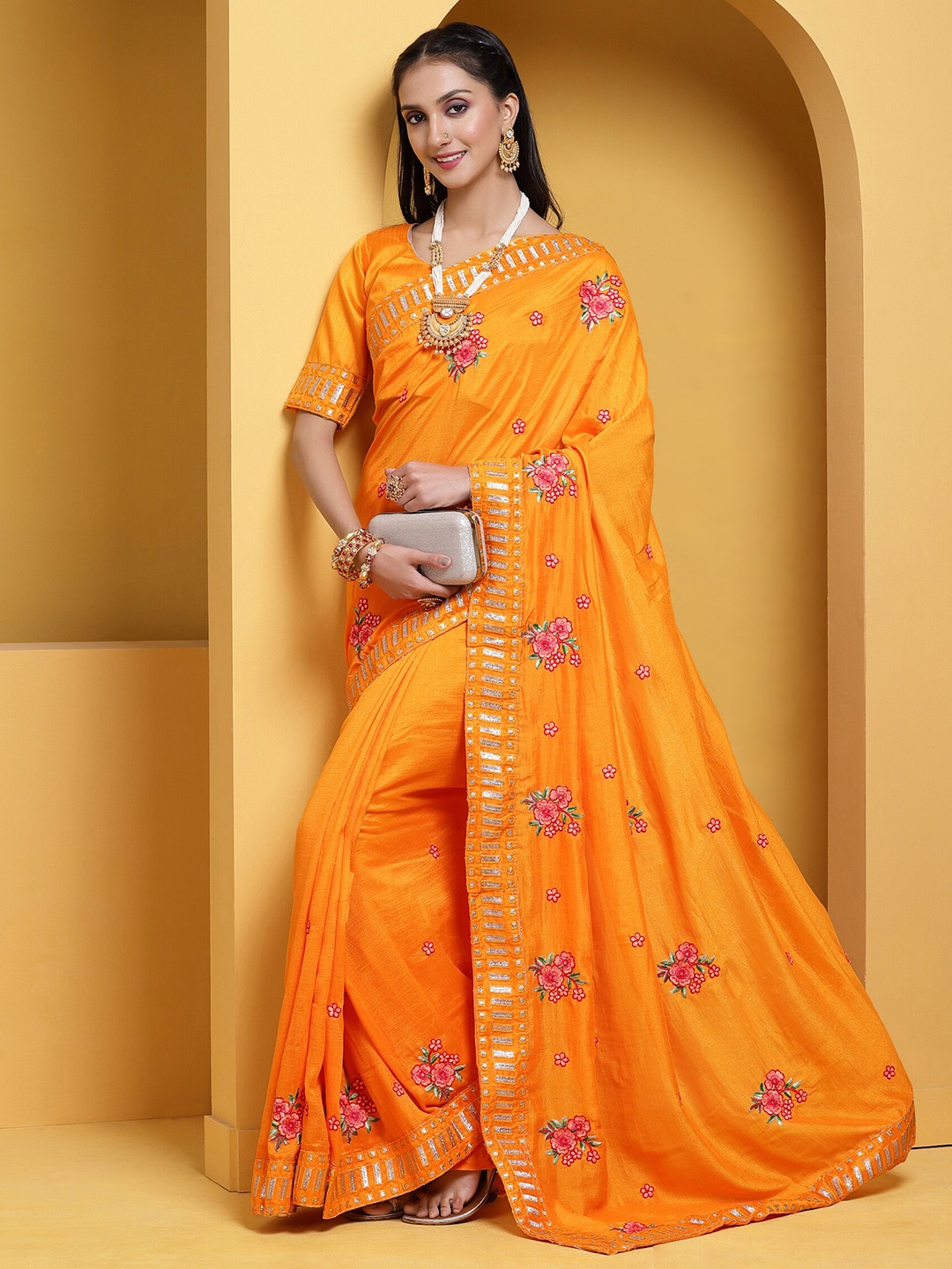 

Mitera Floral Thread Work Saree, Orange