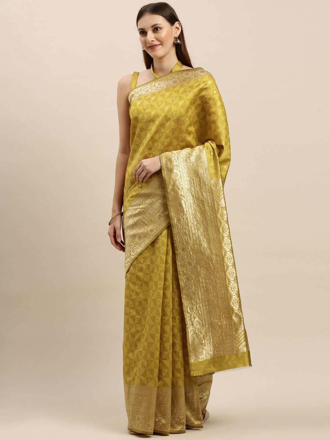 

Mitera Mustard & Gold Toned Woven Design Ethnic Motifs Zari Silk Blend Saree