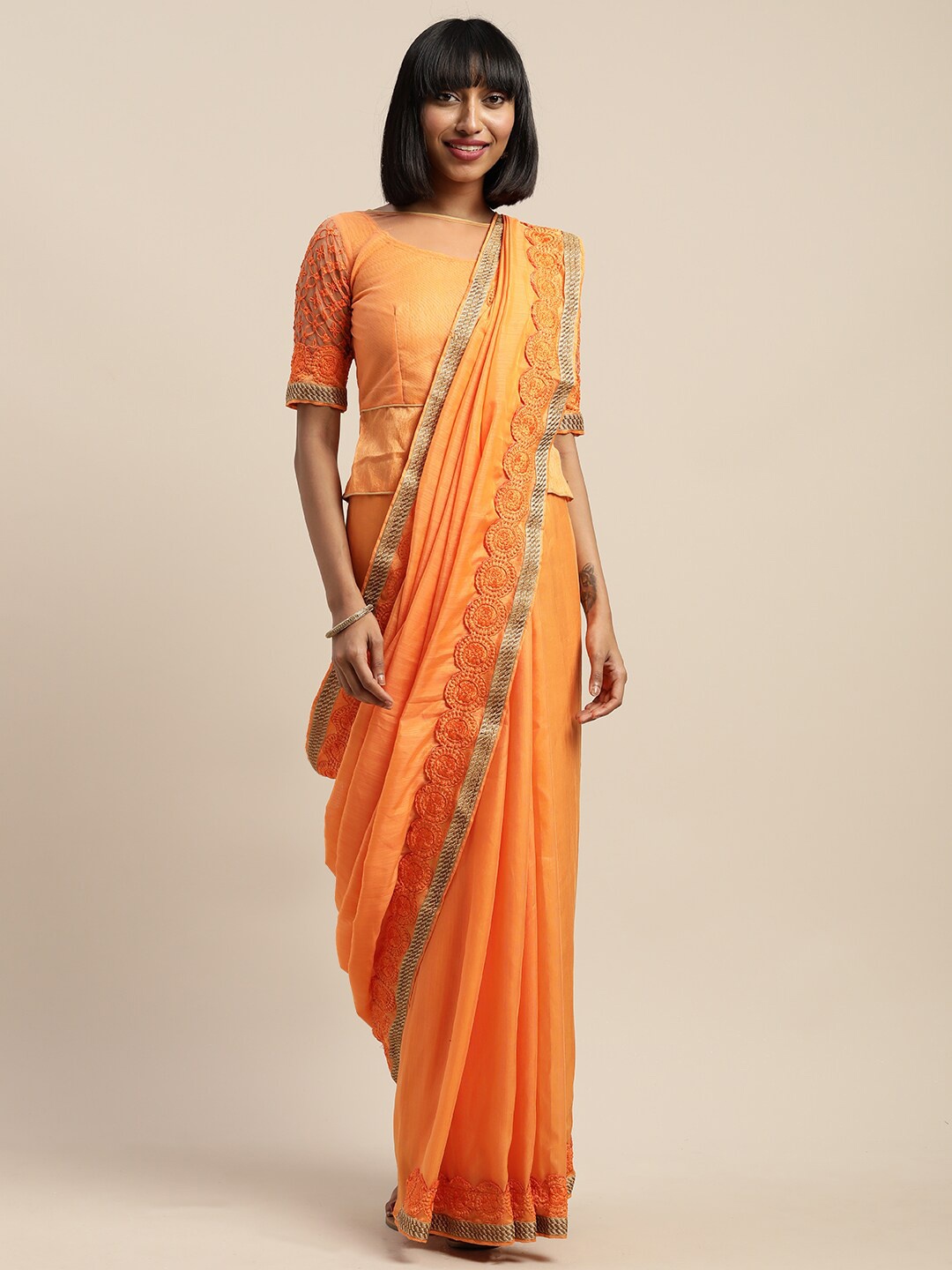 

Mitera Embroidered Mirror Work Saree, Orange