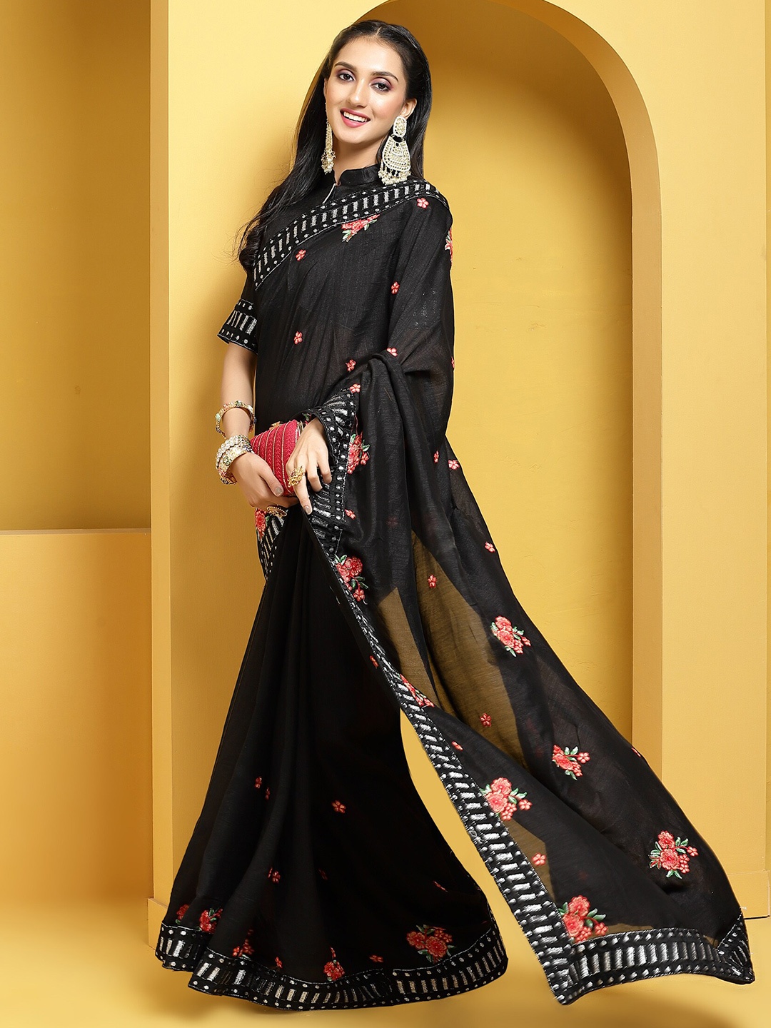 

Mitera Ethnic Motifs Embroidered Sequinned Saree, Black