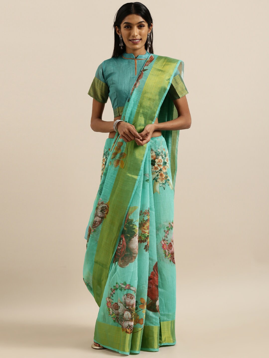 

Mitera Floral Printed Zari Saree, Teal