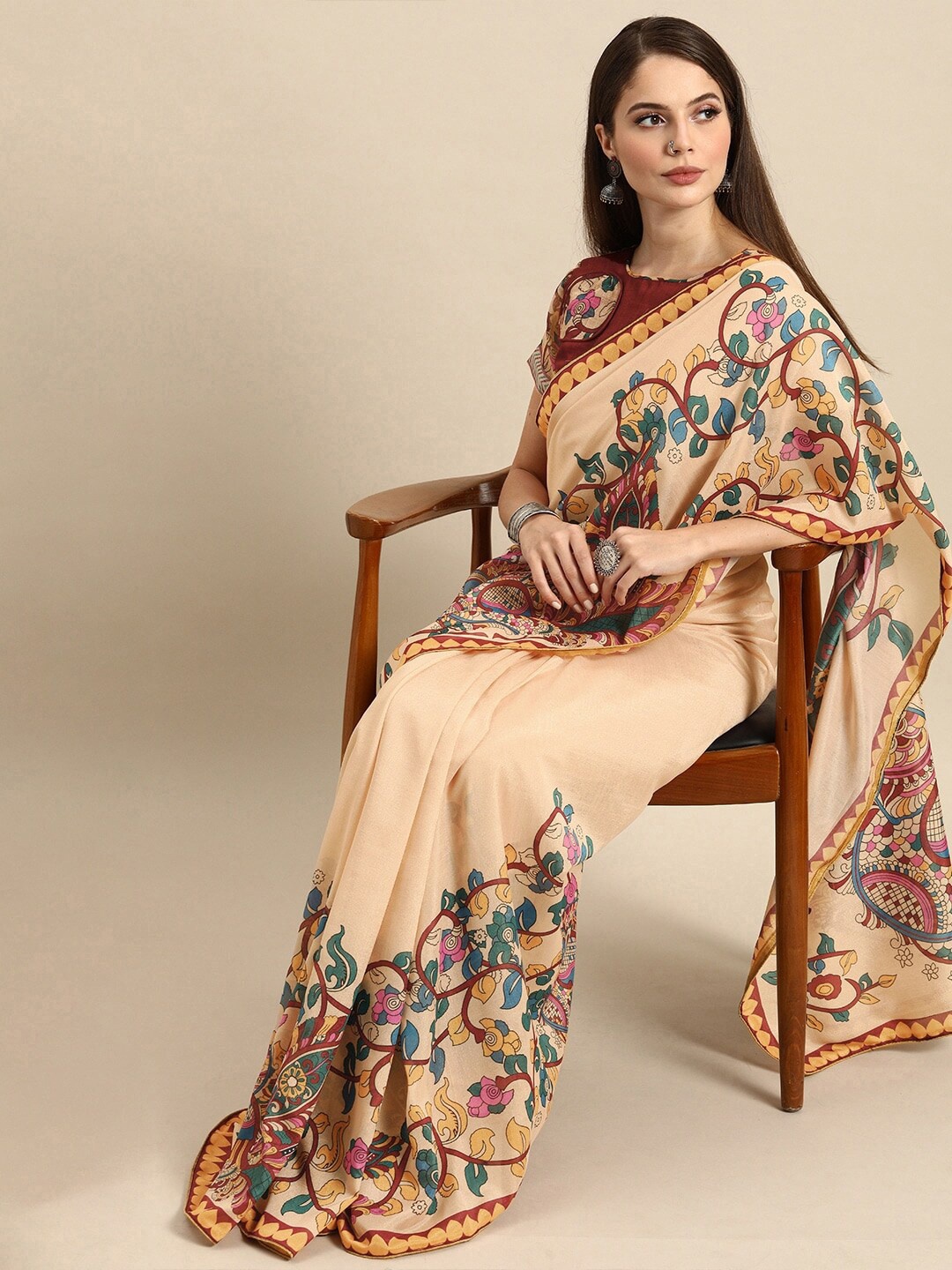 

Mitera Kalamkari Block Print Saree, Beige