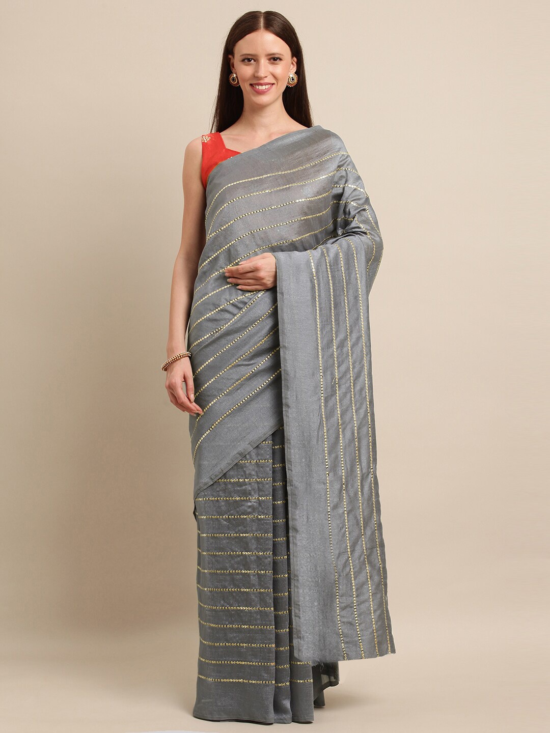 

Mitera Striped Gotta Patti Saree, Grey