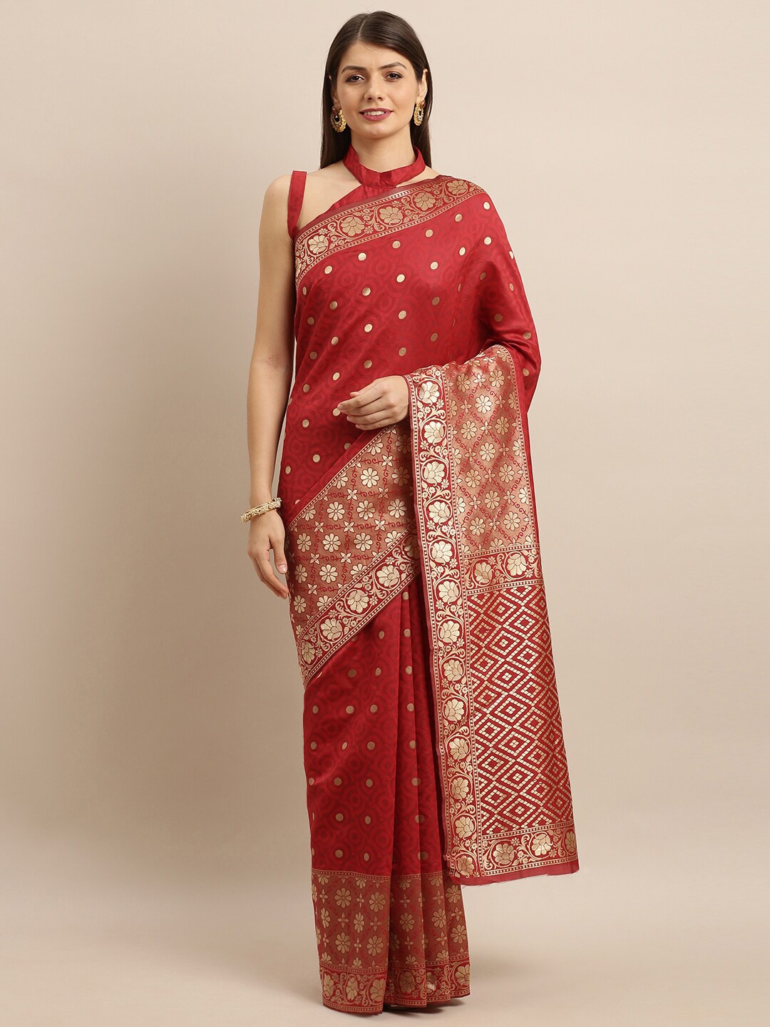 

Mitera Polka Dot Zari Saree, Red