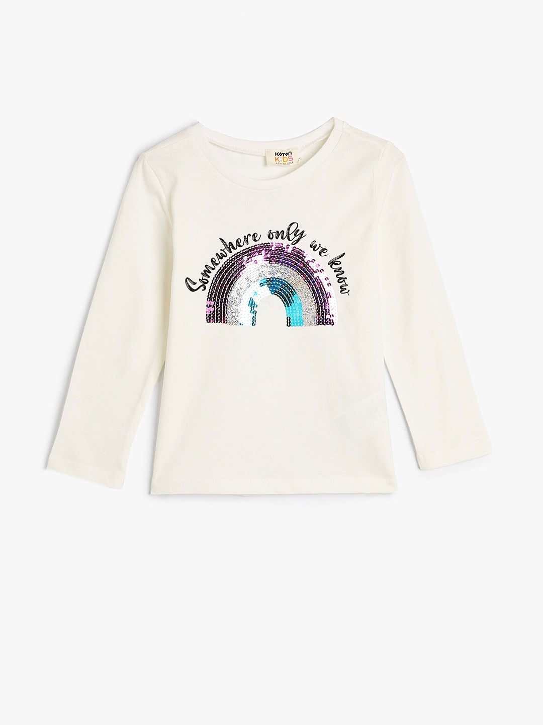 

Koton Girls Typography Printed Embellished Pure Cotton T-shirt, Beige