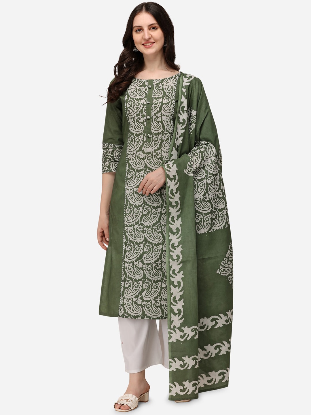 

ESTELA Round Neck Printed Regular Pure Cotton Straight Kurta with Trousers & With Dupatta, Green