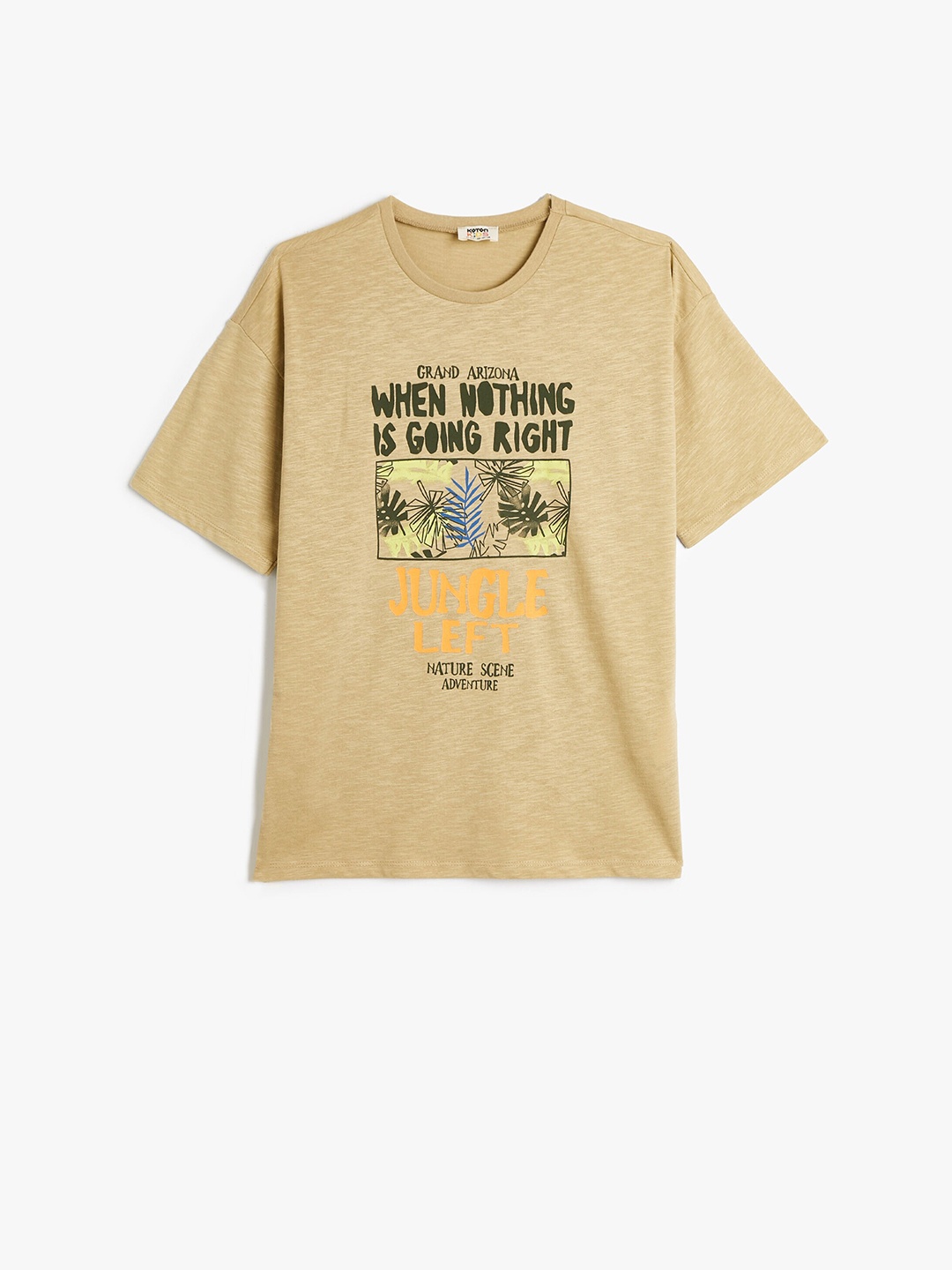 

Koton Boys Typography Printed Drop-Shoulder Sleeves Pure Cotton T-shirt, Khaki