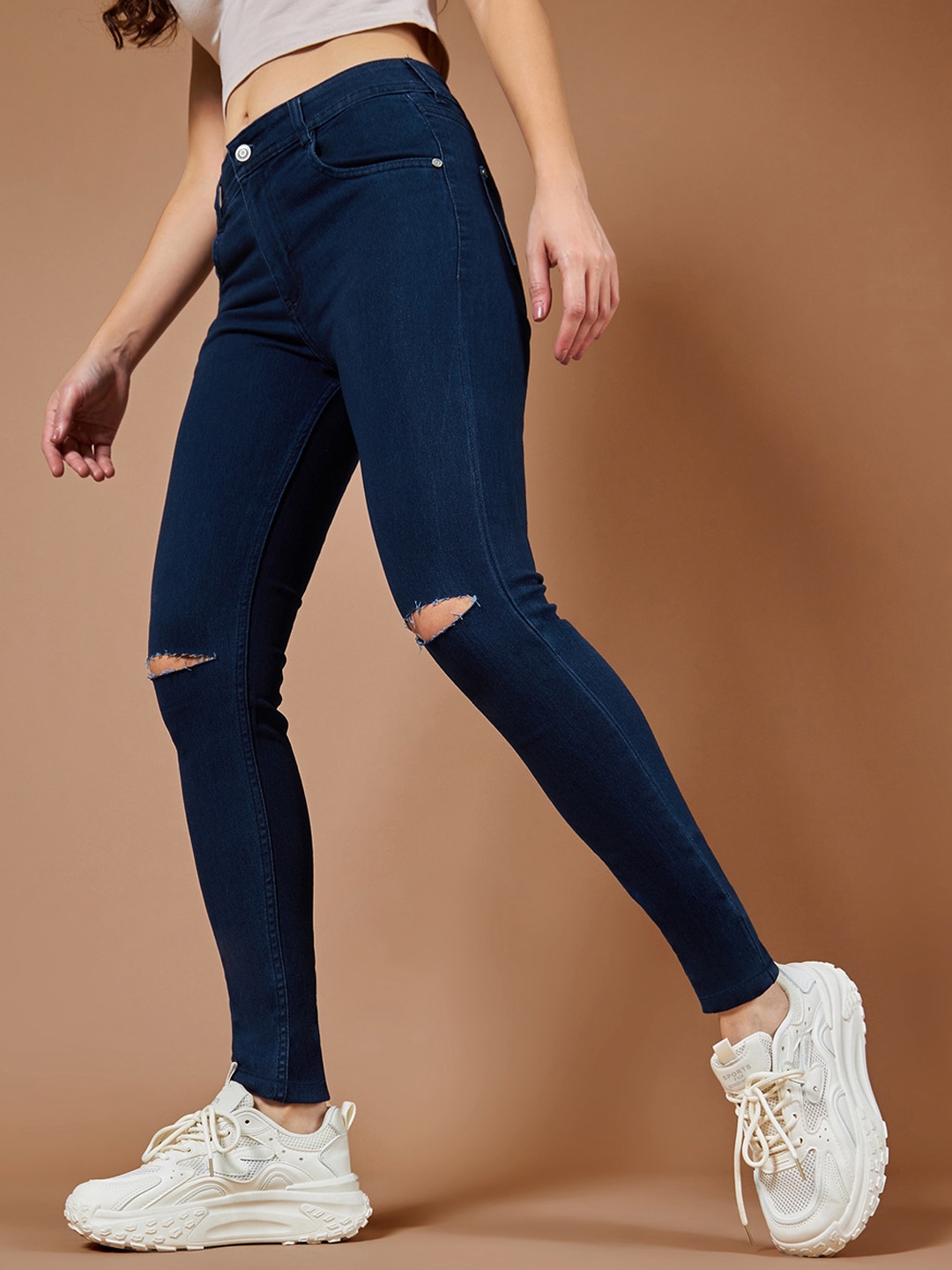 

DOLCE CRUDO Women Navy Blue Mid Rise Skinny Fit High-Rise Slash Knee Stretchable Jeans