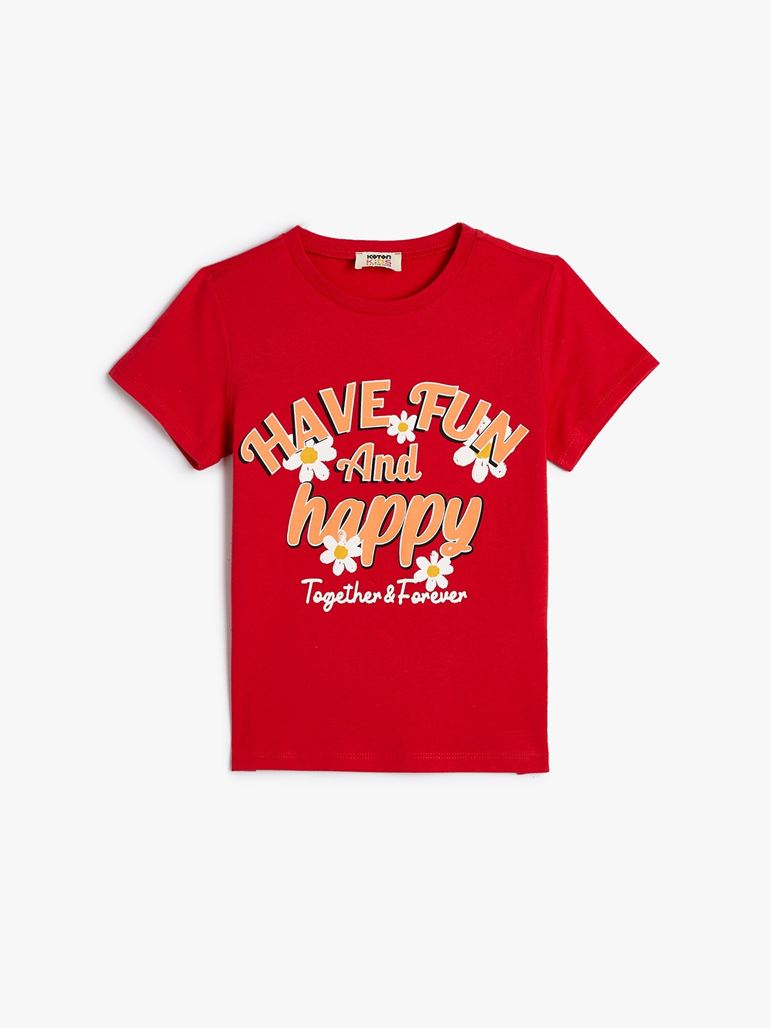 Koton Girls Typography Printed Pure Cotton T-shirt, Red