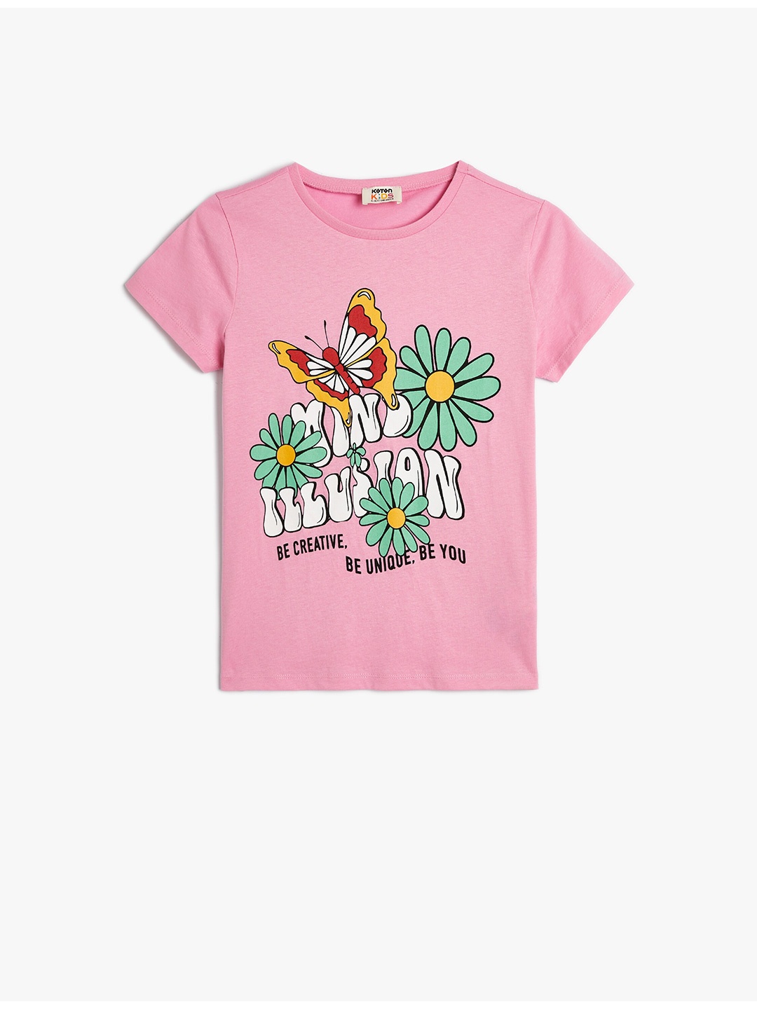 

Koton Girls Printed Round Neck Cotton Applique T-shirt, Pink