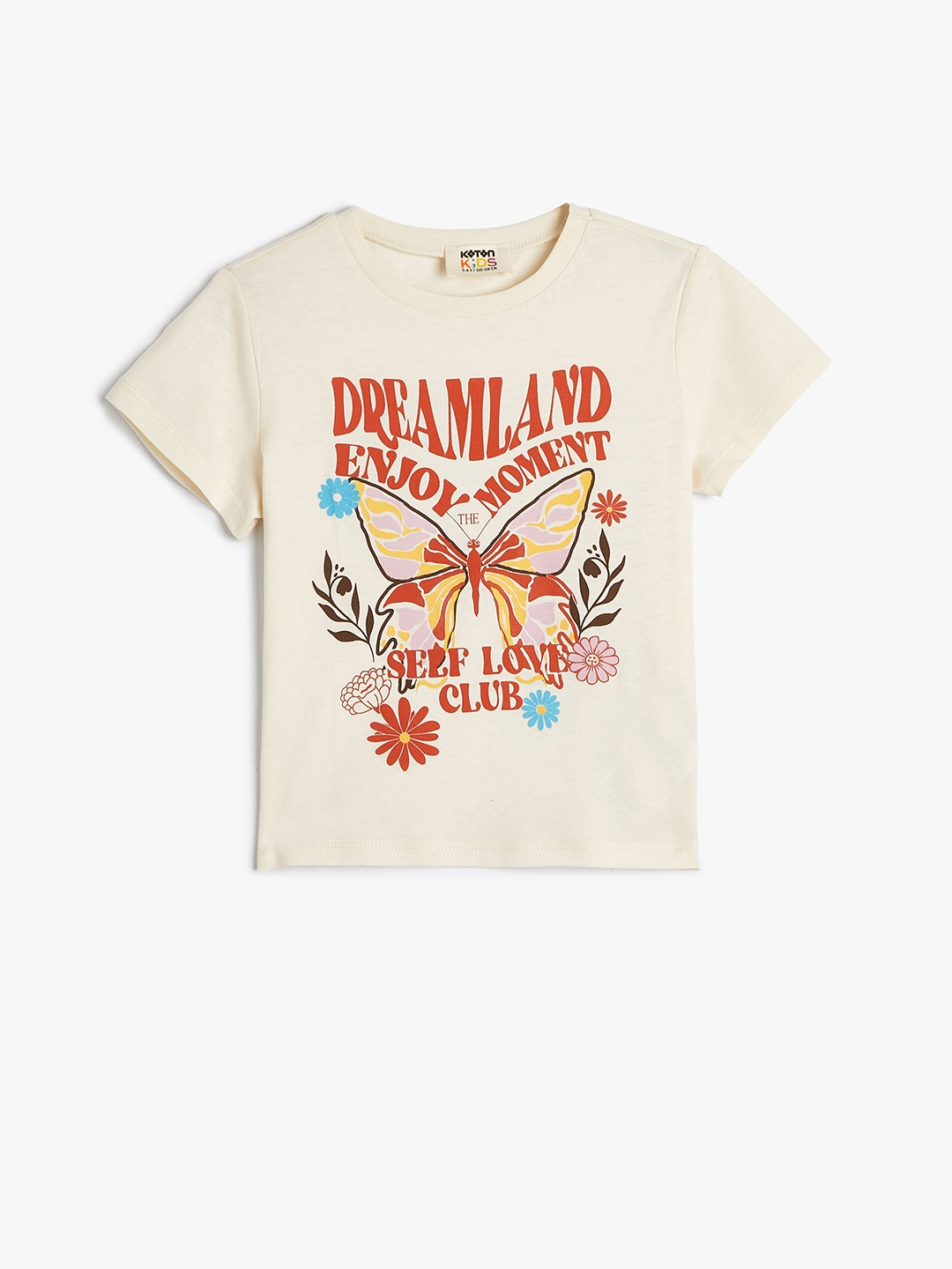 Koton Girls Graphic Printed Pure Cotton T-shirt, Beige
