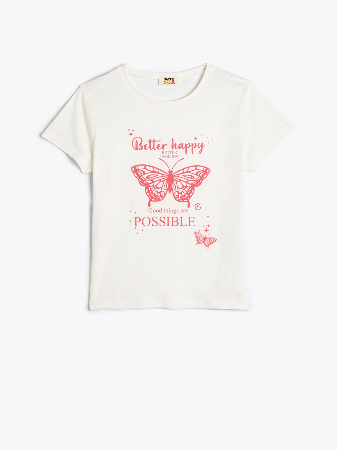 

Koton Girls Typography Printed Round Neck Cotton T-shirt, Beige