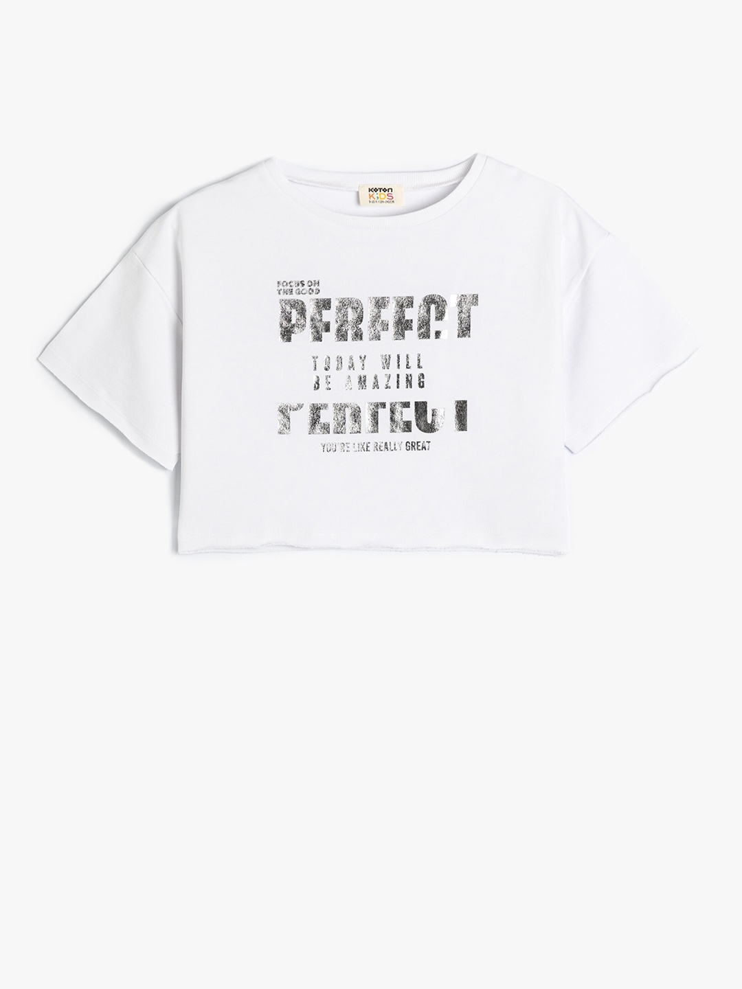 

Koton Girls Typography Printed Drop-Shoulder Sleeves Oversized Cotton T-shirt, White