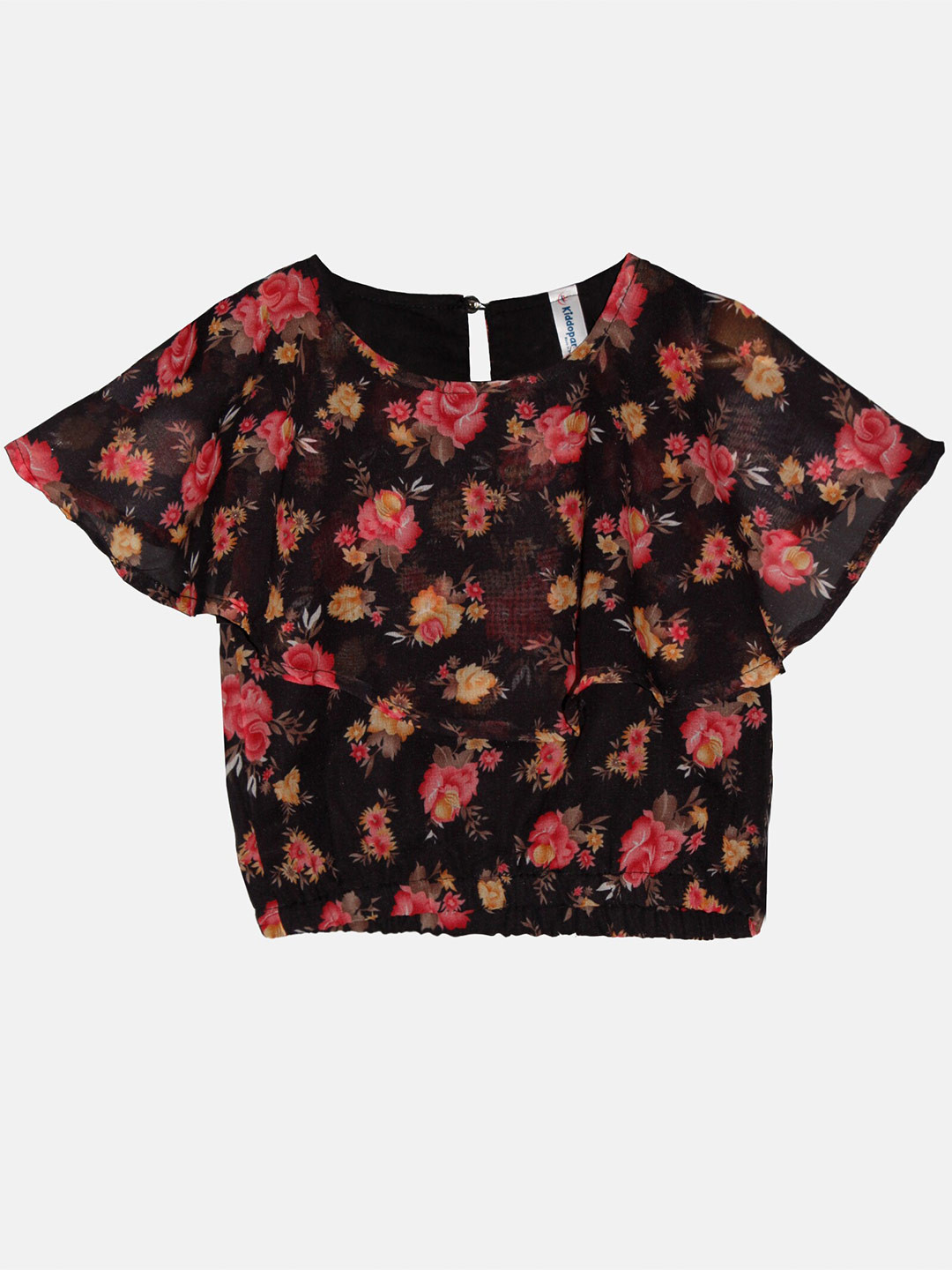 

KiddoPanti Girls Floral Printed Flared Sleeves Georgette Top, Navy blue