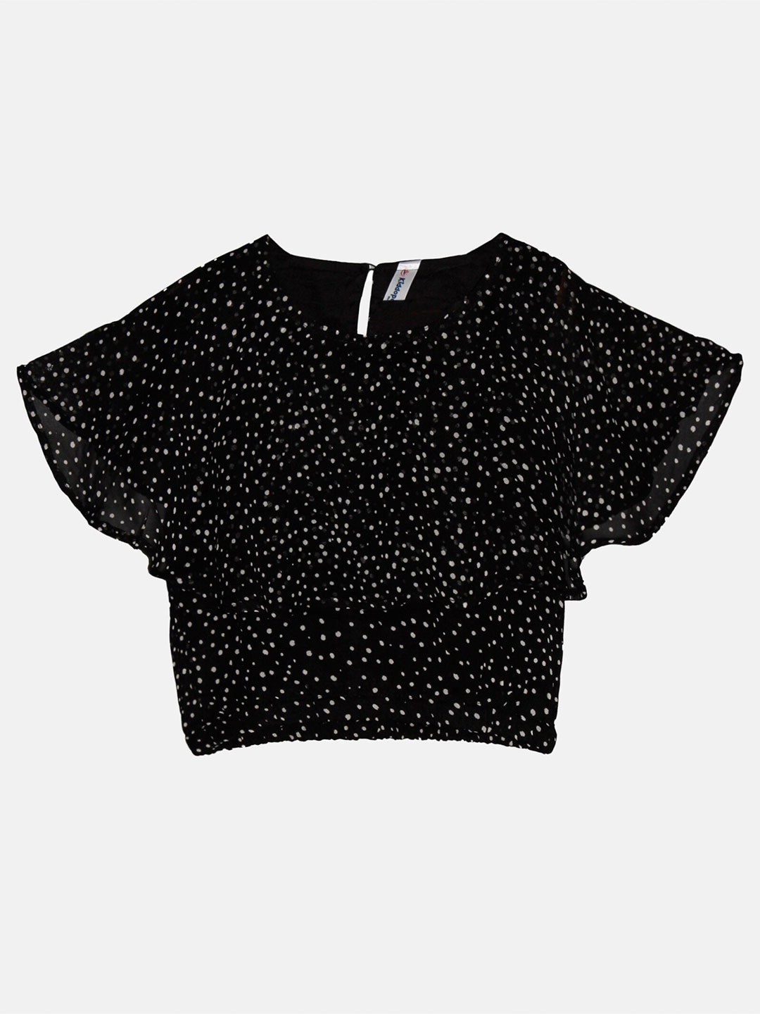 

KiddoPanti Girls Polka Dot Printed Batwing Sleeves Georgette Blouson Top, Black