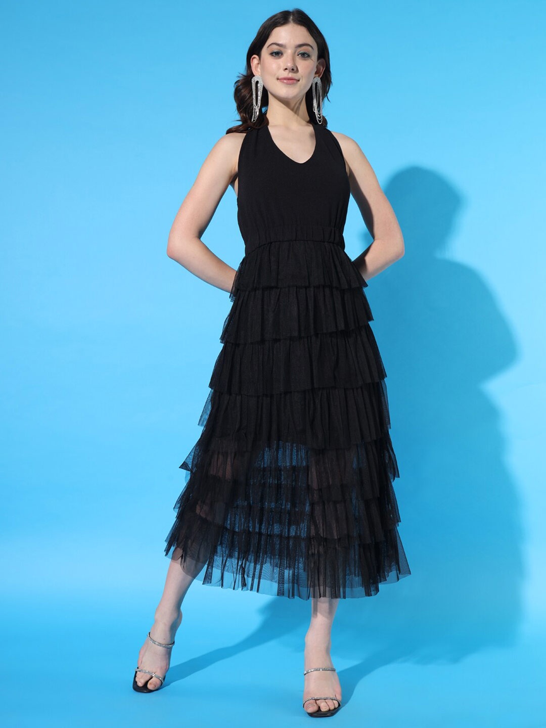 

BROOWL V-Neck Layered Fit & Flare Midi Dress, Black
