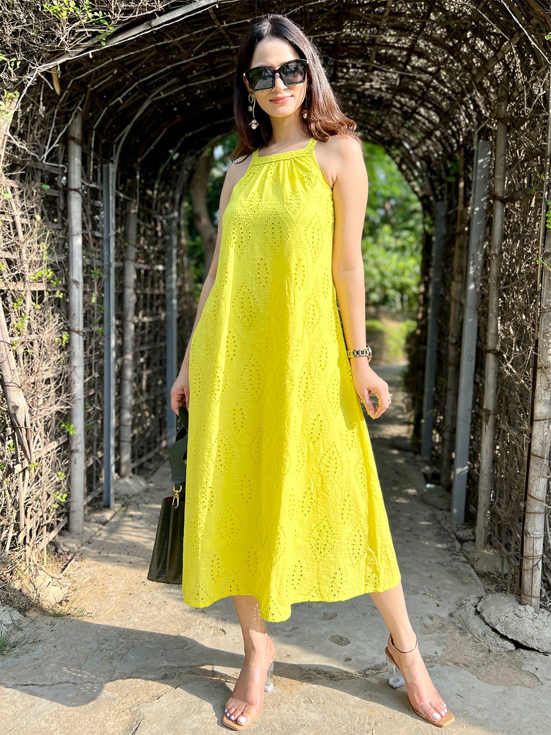 

Chikari Self Design Halter Neck A-Line Cotton Midi Dress, Lime green