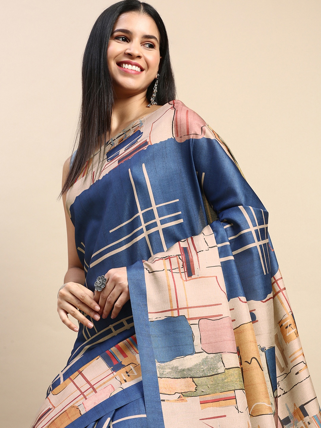

aamna Abstract Printed Ikat Saree, Blue