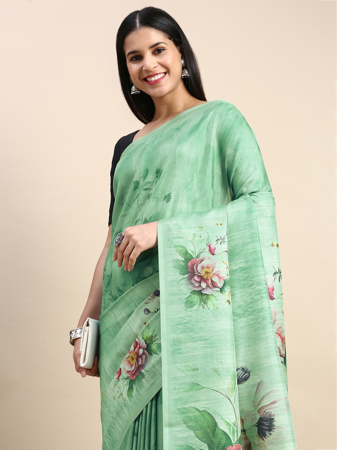 

aamna Floral Printed Ikat Saree With Blouse Piece, Sea green