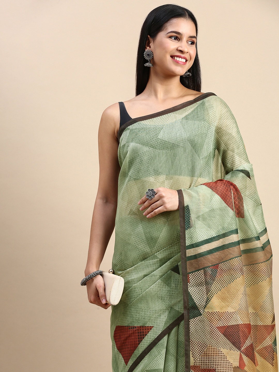 

aamna Geometric Printed Patola Saree With Blouse Piece, Sea green