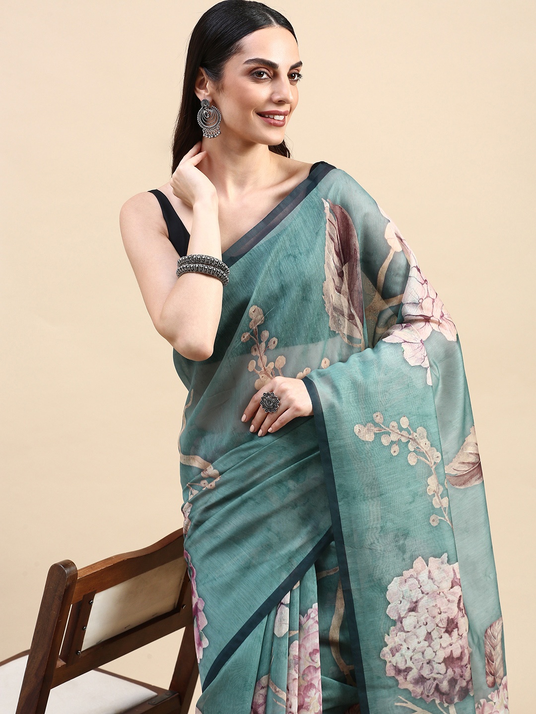 

aamna Floral Printed Patola Saree With Blouse Piece, Sea green