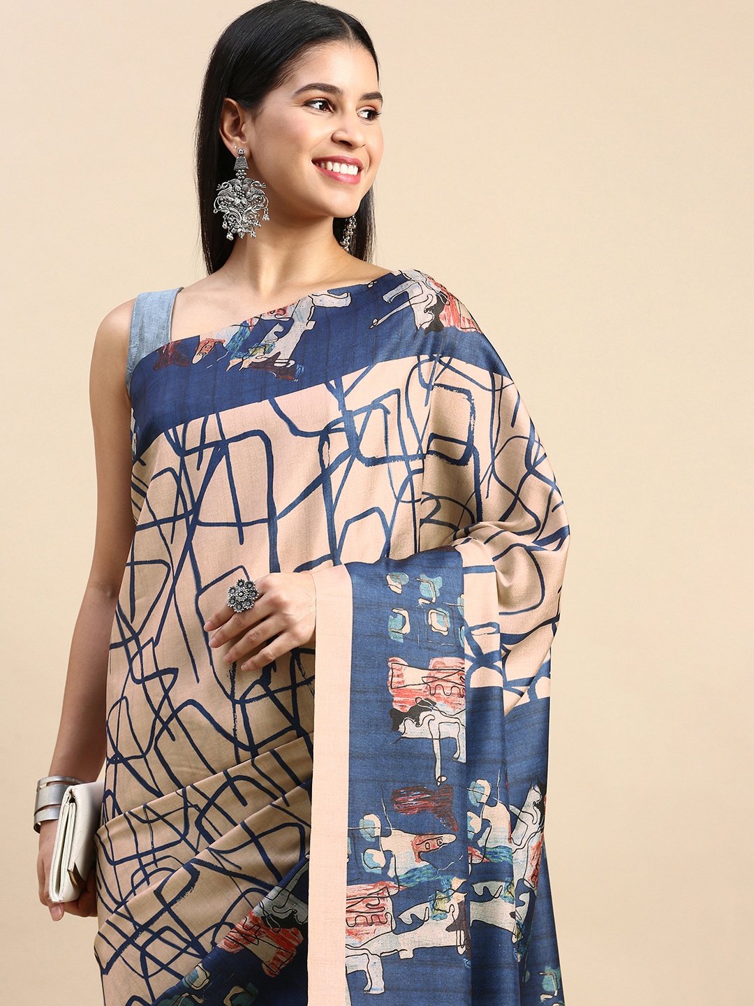 

aamna Abstract Printed Ikat Saree With Blouse Piece, Blue