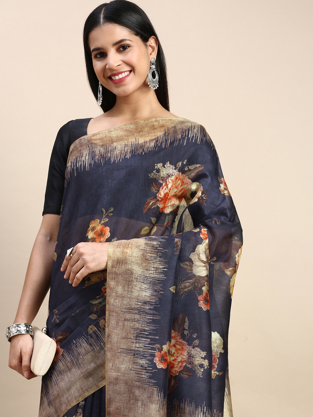 

aamna Floral Printed Patola Saree With Blouse Piece, Navy blue