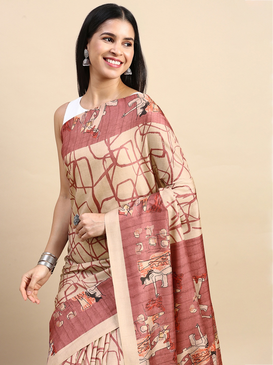 

aamna Abstract Printed Ikat Saree With Blouse Piece, Peach