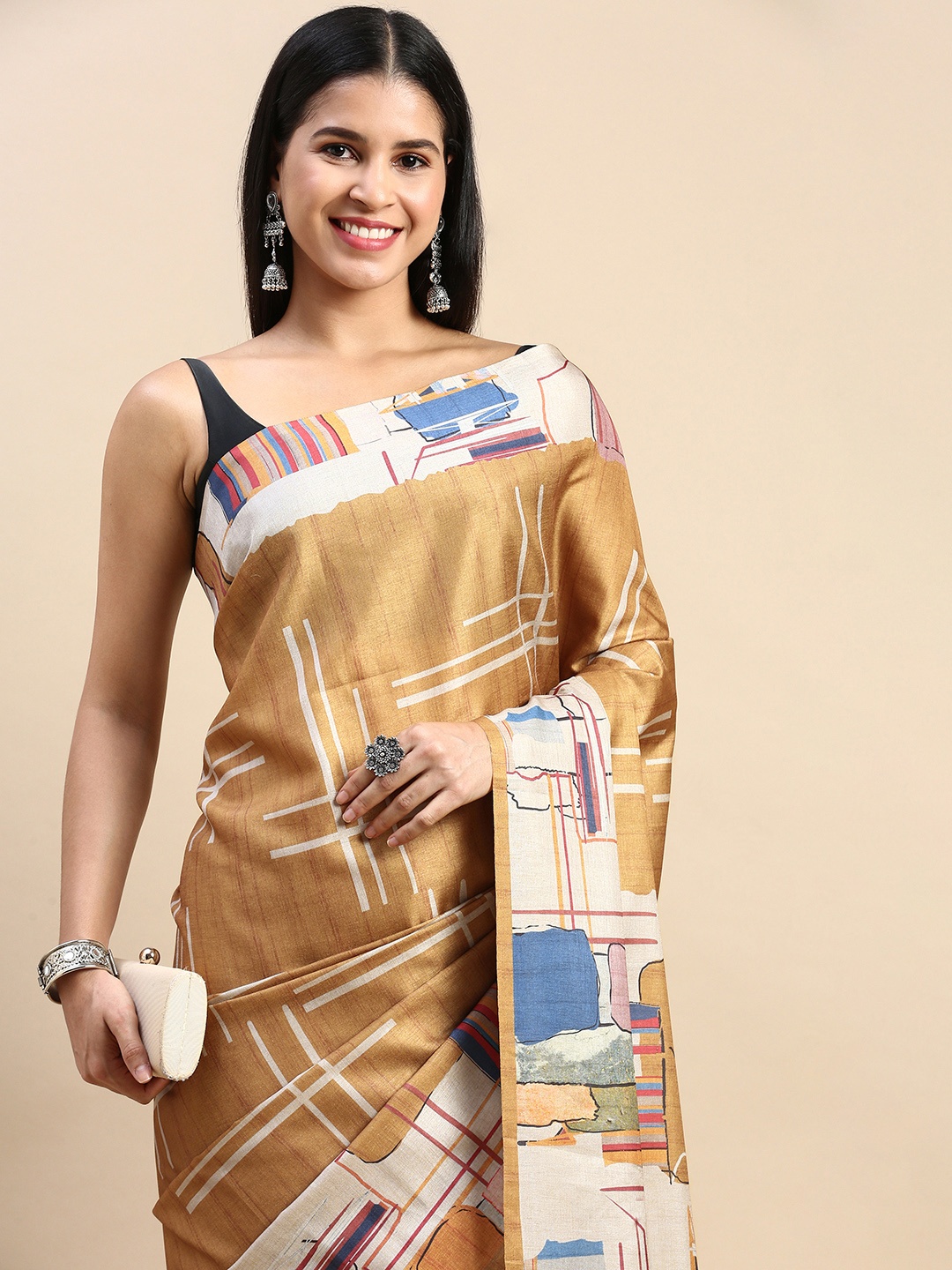 

aamna Abstract Printed Ikat Saree With Blouse Piece, Mustard