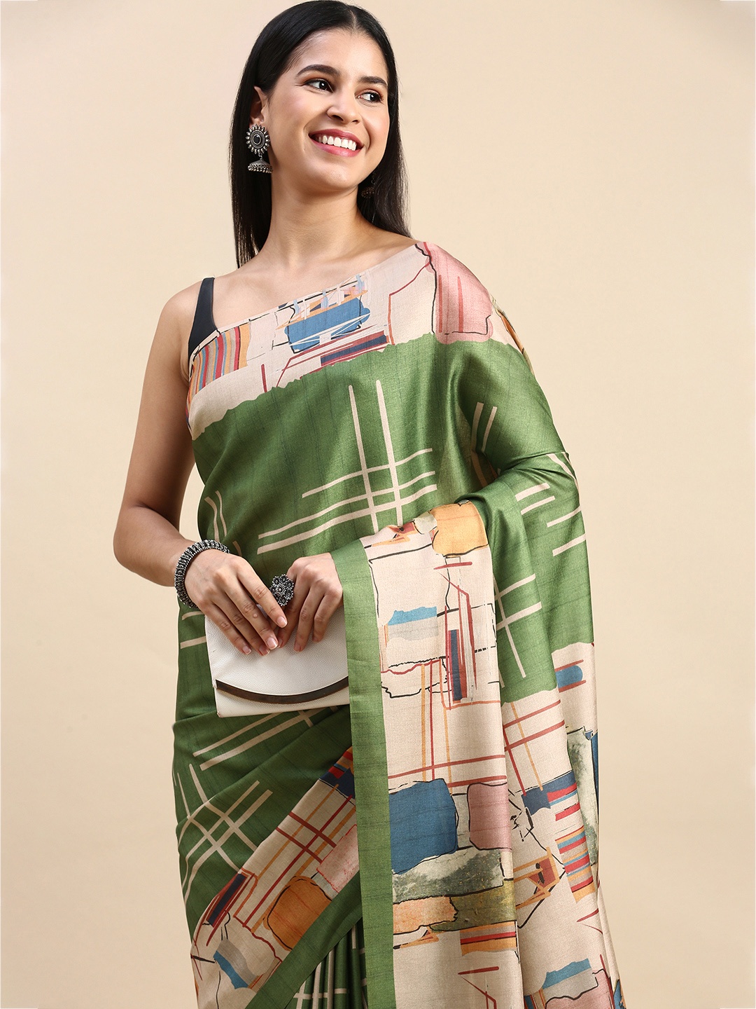 

aamna Abstract Printed Ikat Saree With Blouse Piece, Green