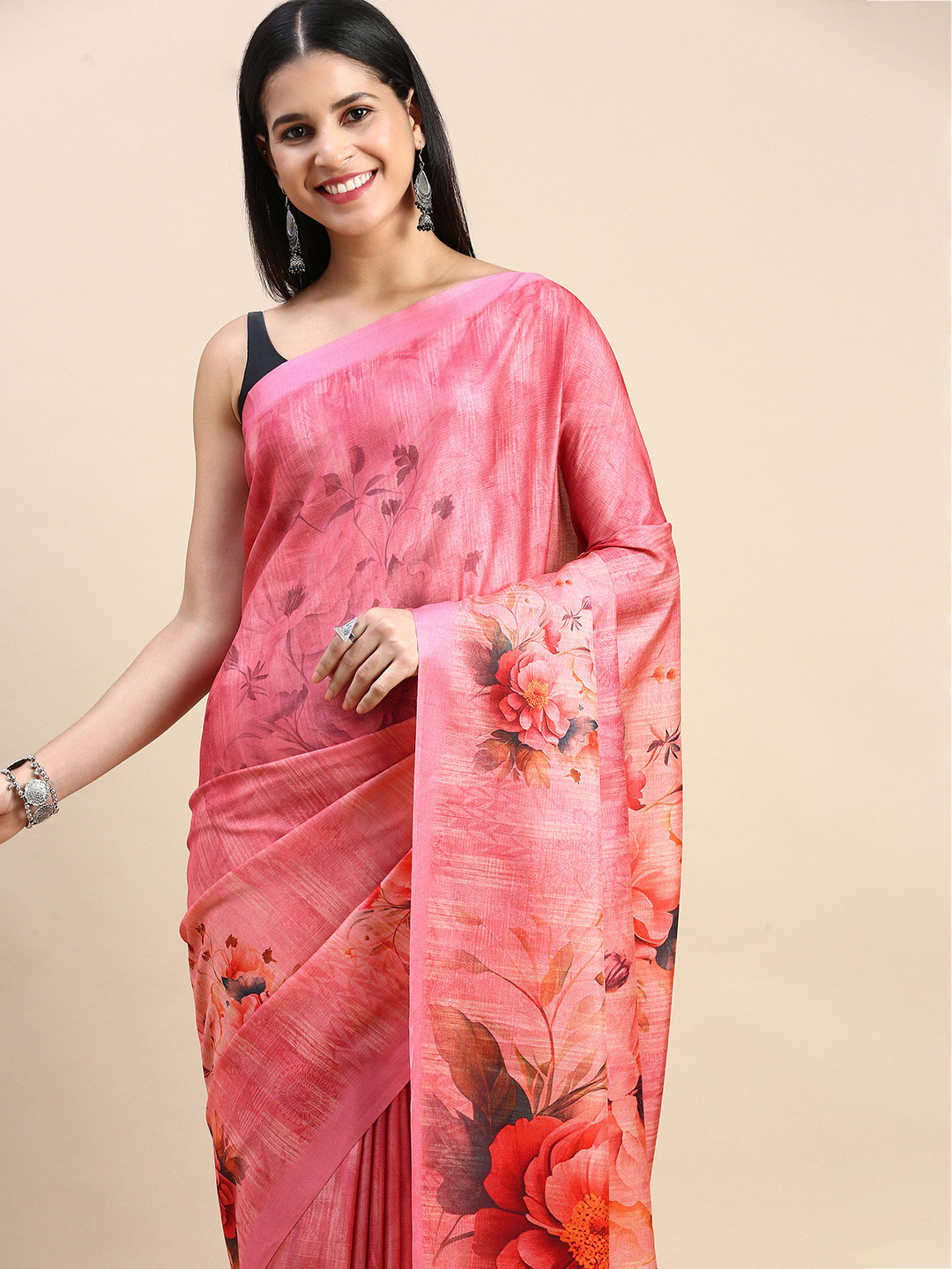 

aamna Floral Printed Ikat Saree, Pink