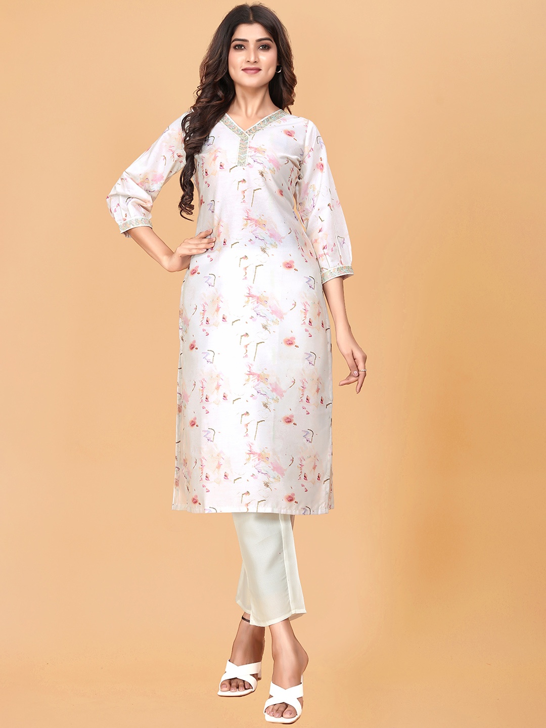 

BAESD V Neck Yoke or Border Abstract Printed Pure Cotton Kurta with Trousers, Cream
