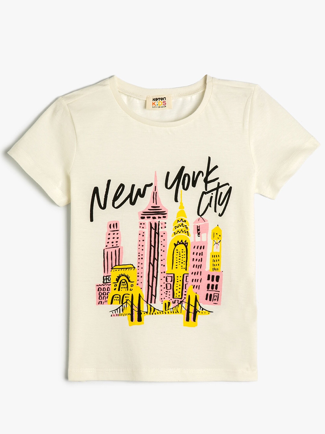 Koton Girls Round Neck Cotton Typography Printed T-shirt, Beige