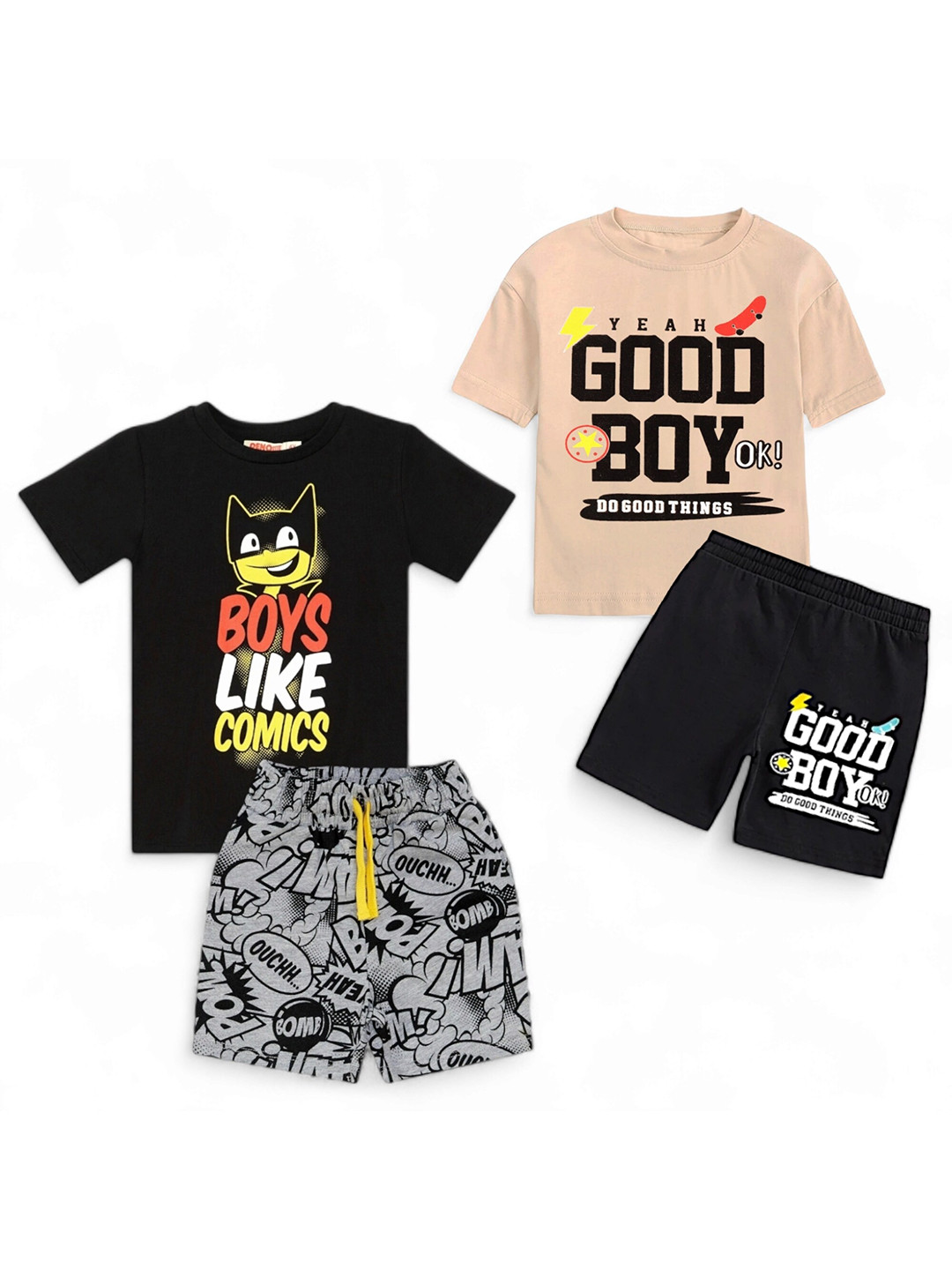 

BAESD Kids Pack of 2 Printed Pure Cotton T-shirt With Shorts, Black