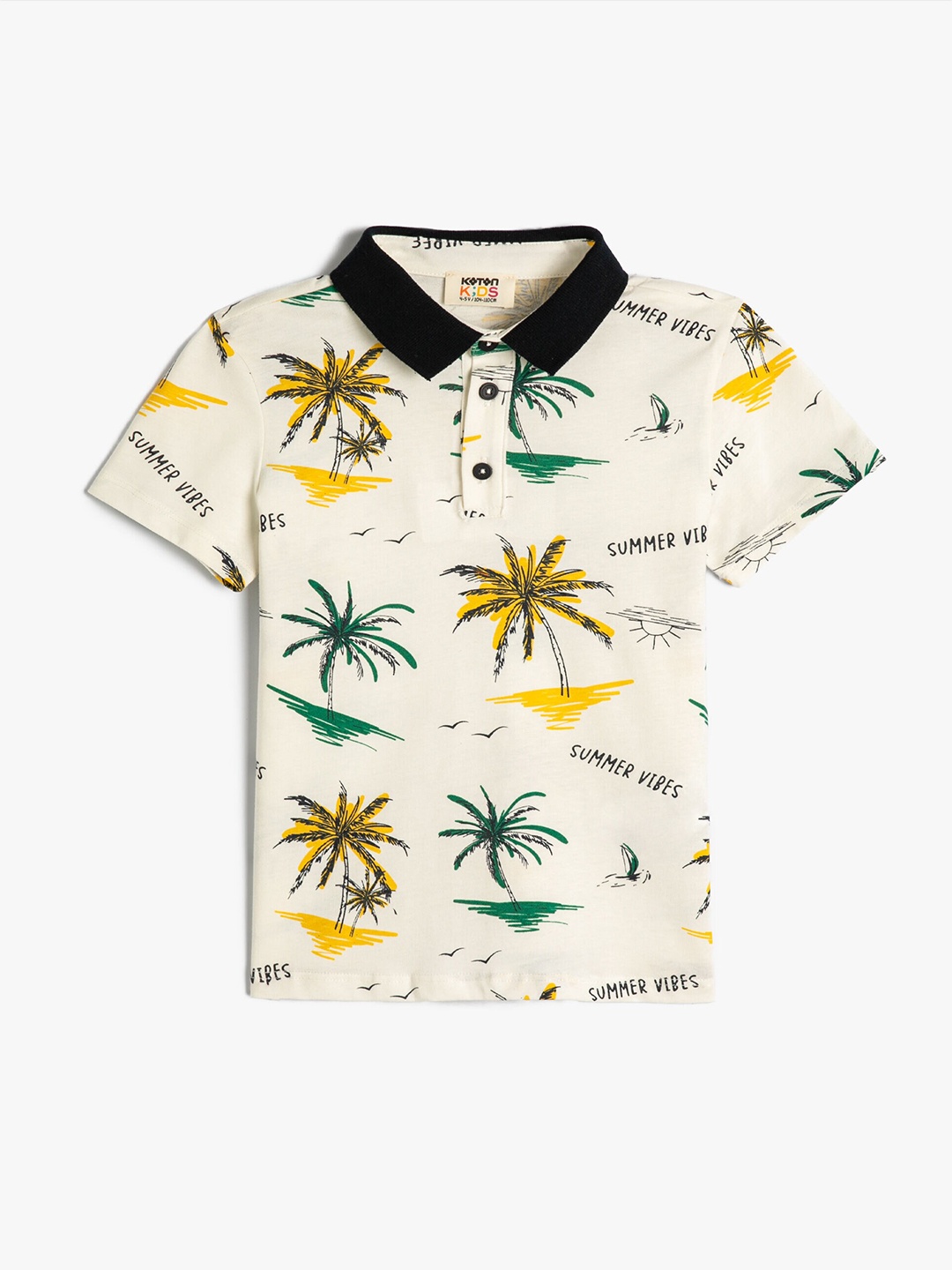 

Koton Boys Tropical Printed Polo Collar Cotton T-shirt, Beige