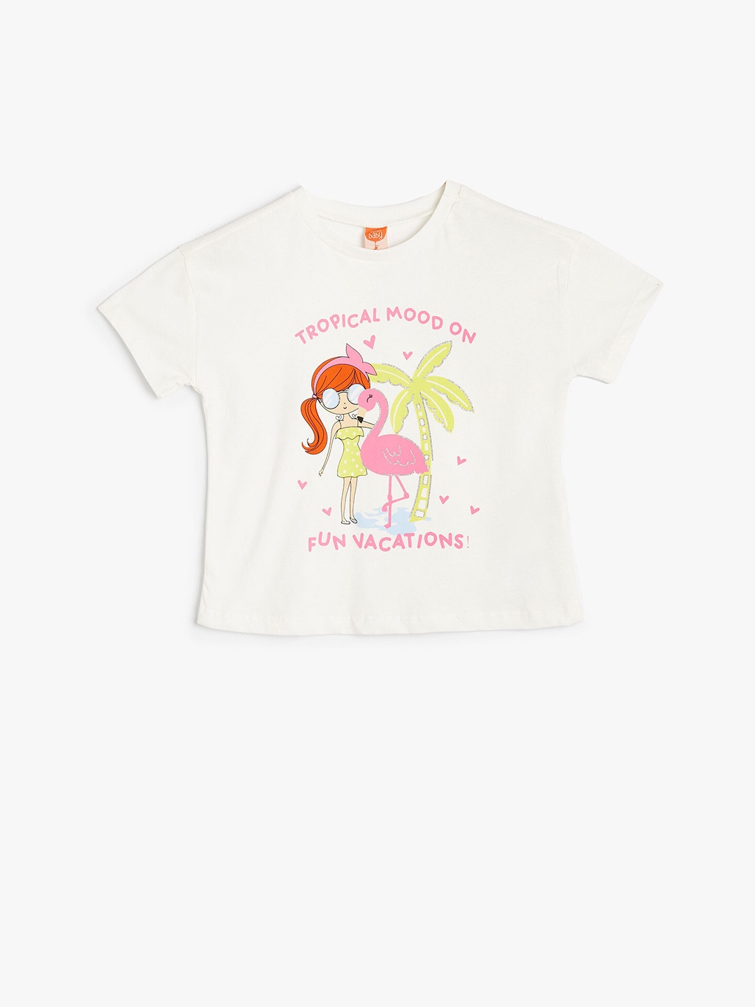 

Koton Girls Typography Printed Round Neck T-shirt, Beige