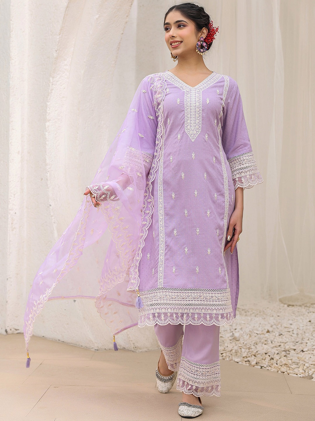 

Vishudh Purple Floral Embroidered Regular Pure Cotton Kurta With Trousers & Dupatta