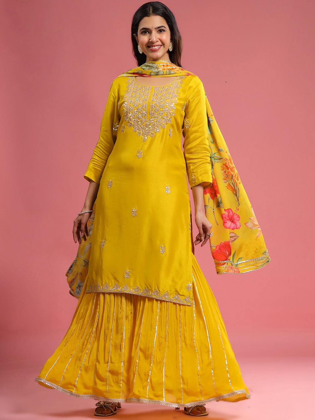 

Vishudh Mustard Yellow Ethnic Motifs Embroidered Regular Kurta With Sharara & Dupatta