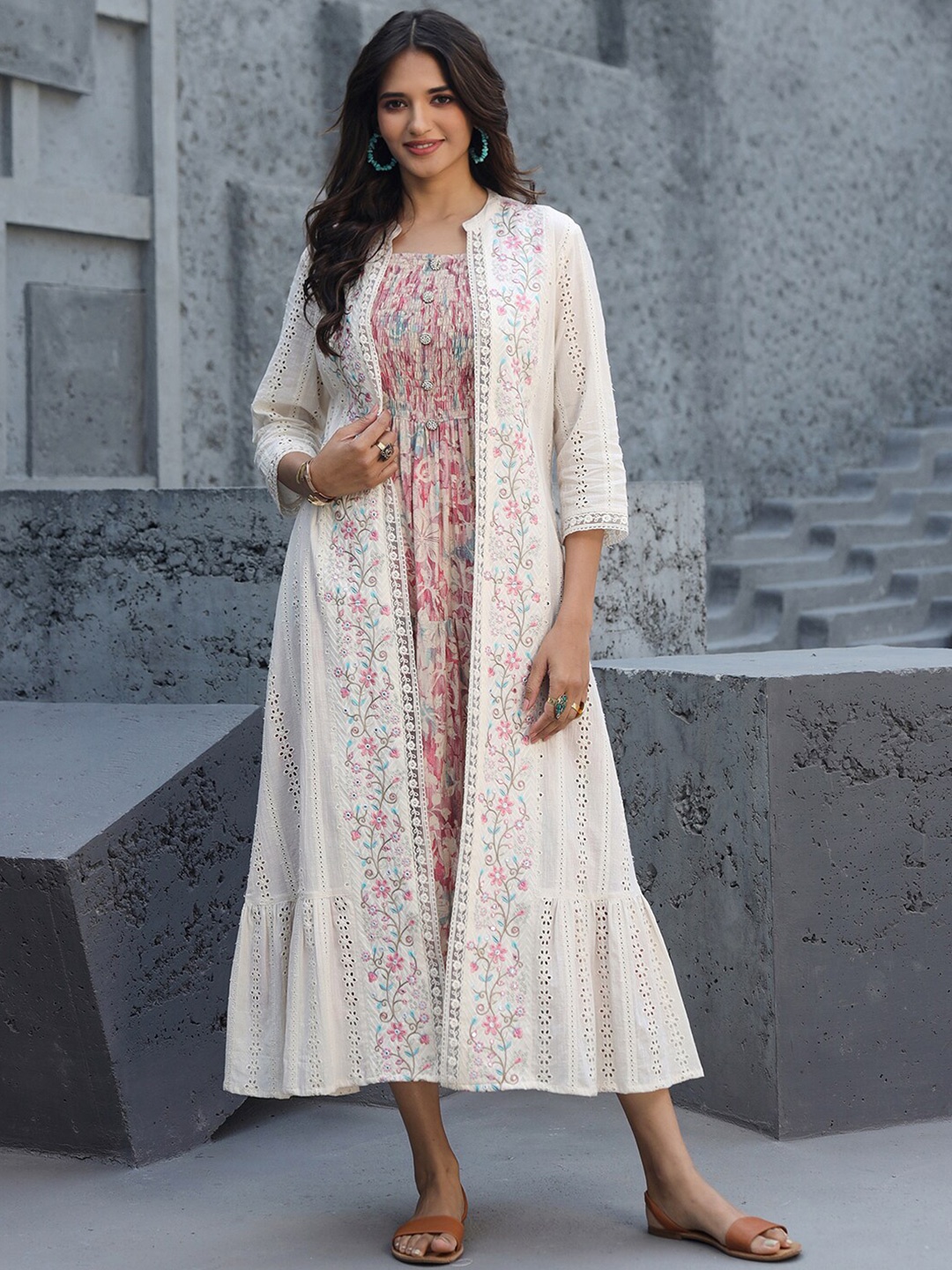 

Vishudh White Floral Printed Smocked Cotton Fit & Flare Midi Dress With Shrug
