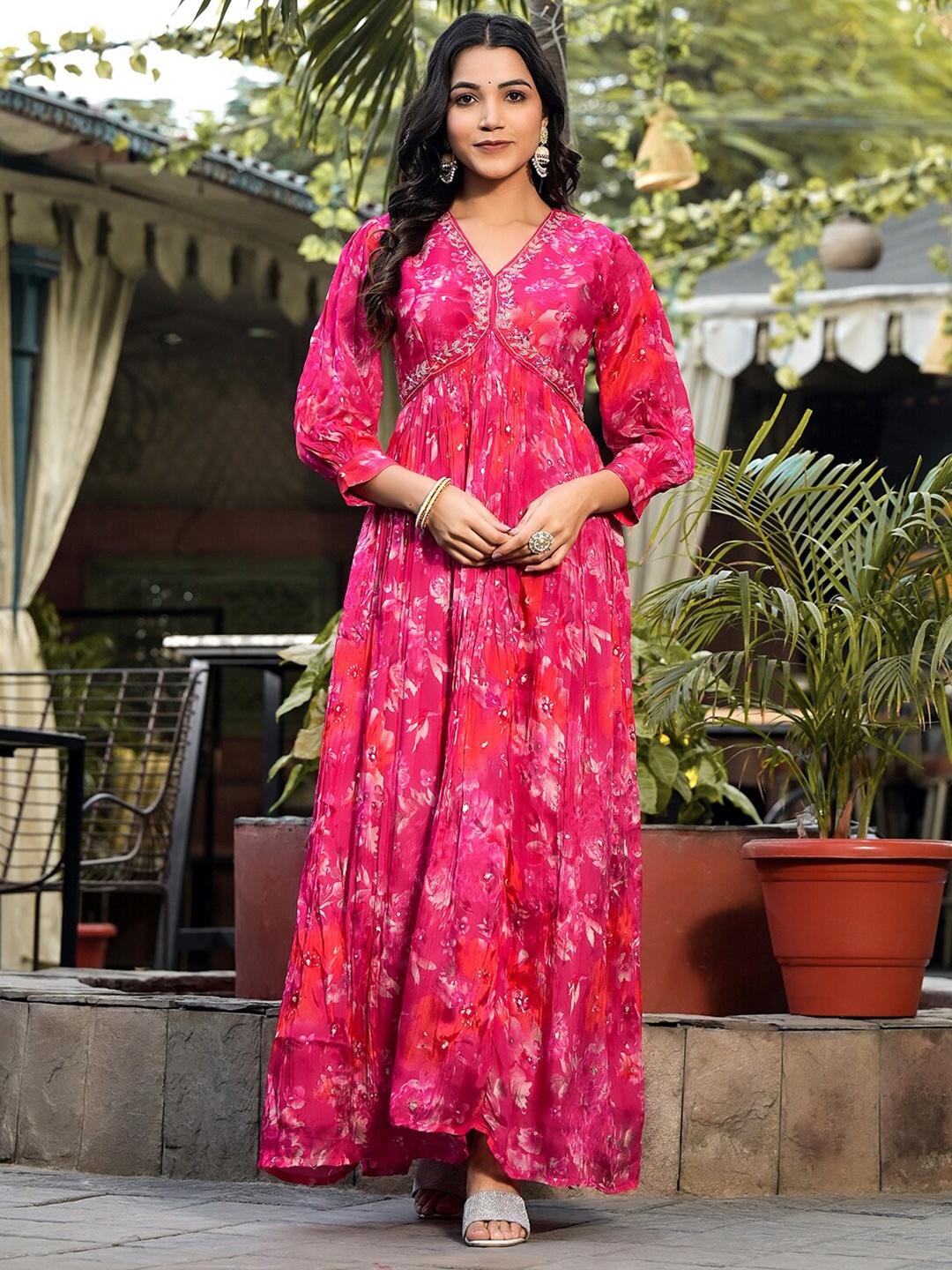 

Vishudh Floral Print Puff Sleeve Maxi Ethnic Dress, Pink