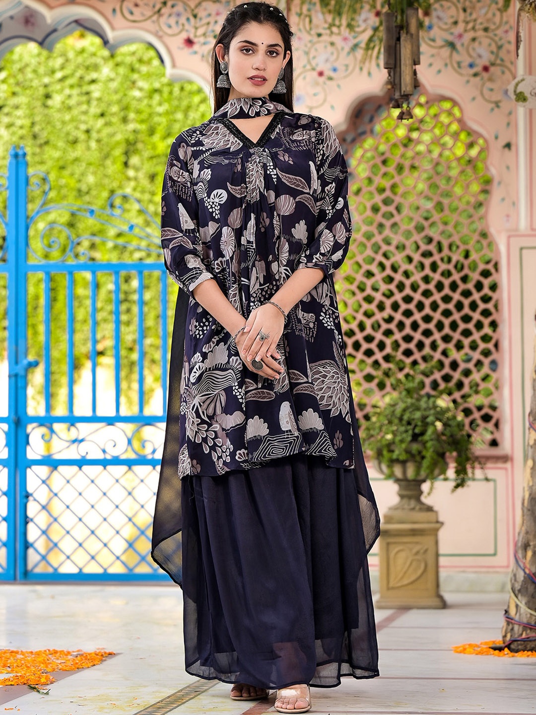 

Vishudh Floral Printed Kurta With Sharara & Dupatta, Navy blue