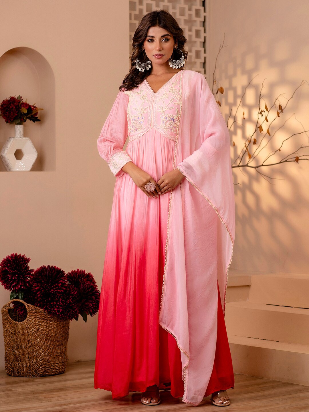 

Vishudh Rose Coloured Floral Printed Beaded Ombre Maxi Ethnic Dress With Dupatta