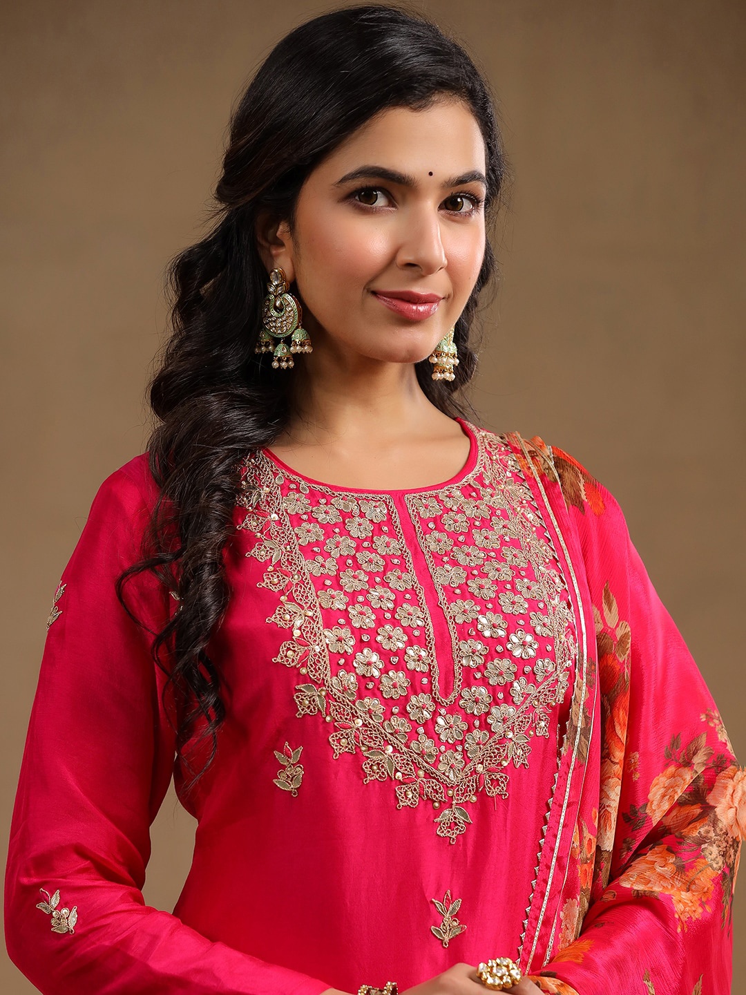 

Vishudh Pink Ethnic Motifs Embroidered Regular Straight Kurta With Sharara & Dupatta