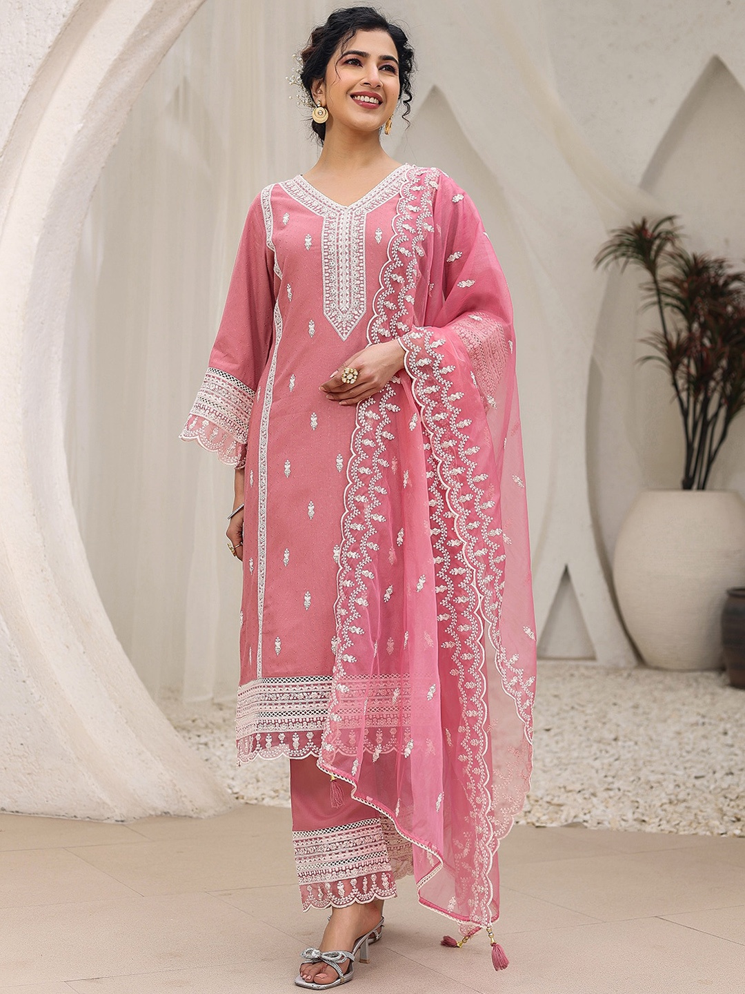 

Vishudh Floral Embroidered Pure Cotton Kurta With Trousers & Dupatta, Rose