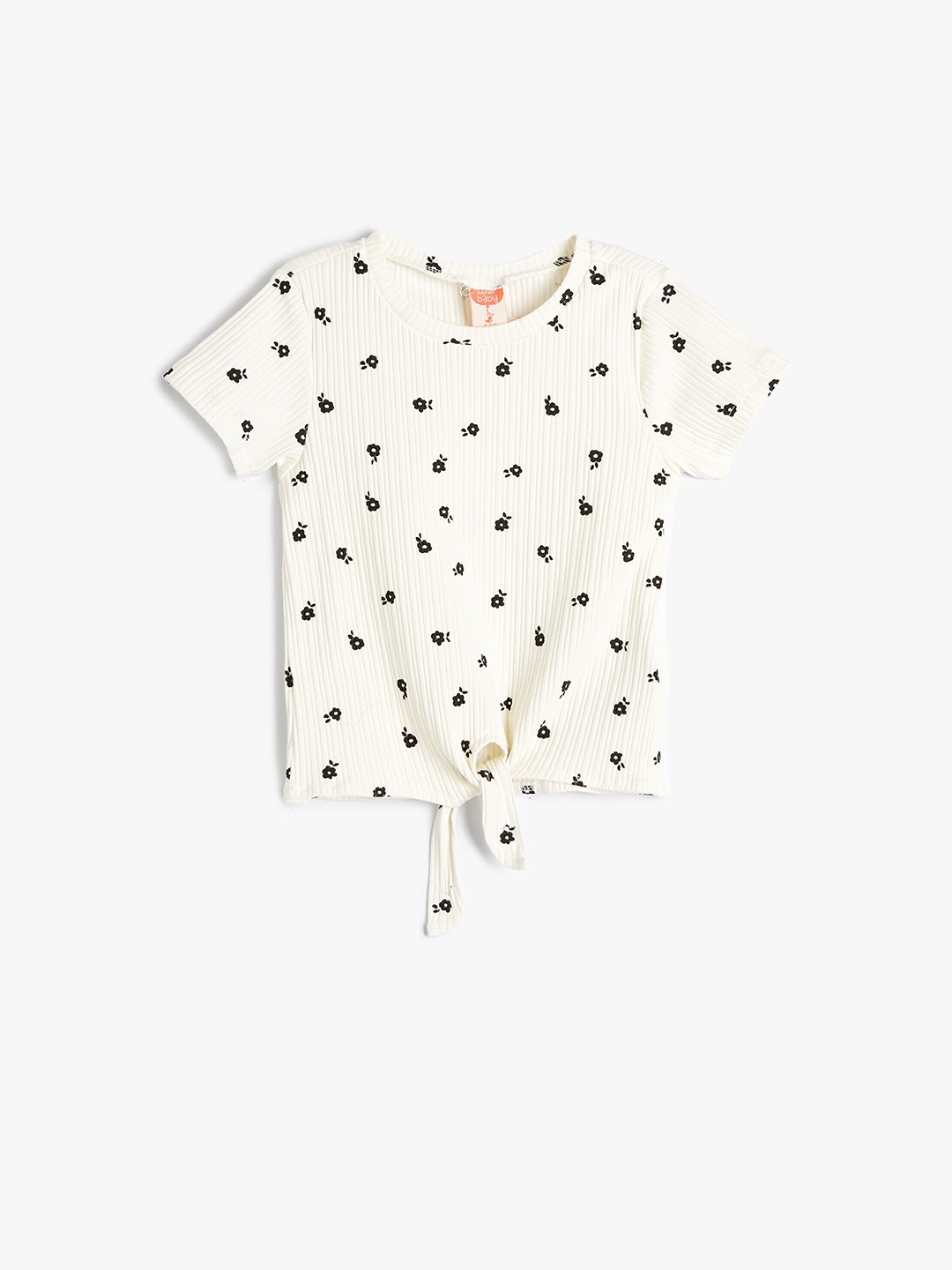 

Koton Girls Floral Printed Round Neck Short Sleeves Wrap T-shirt, Beige