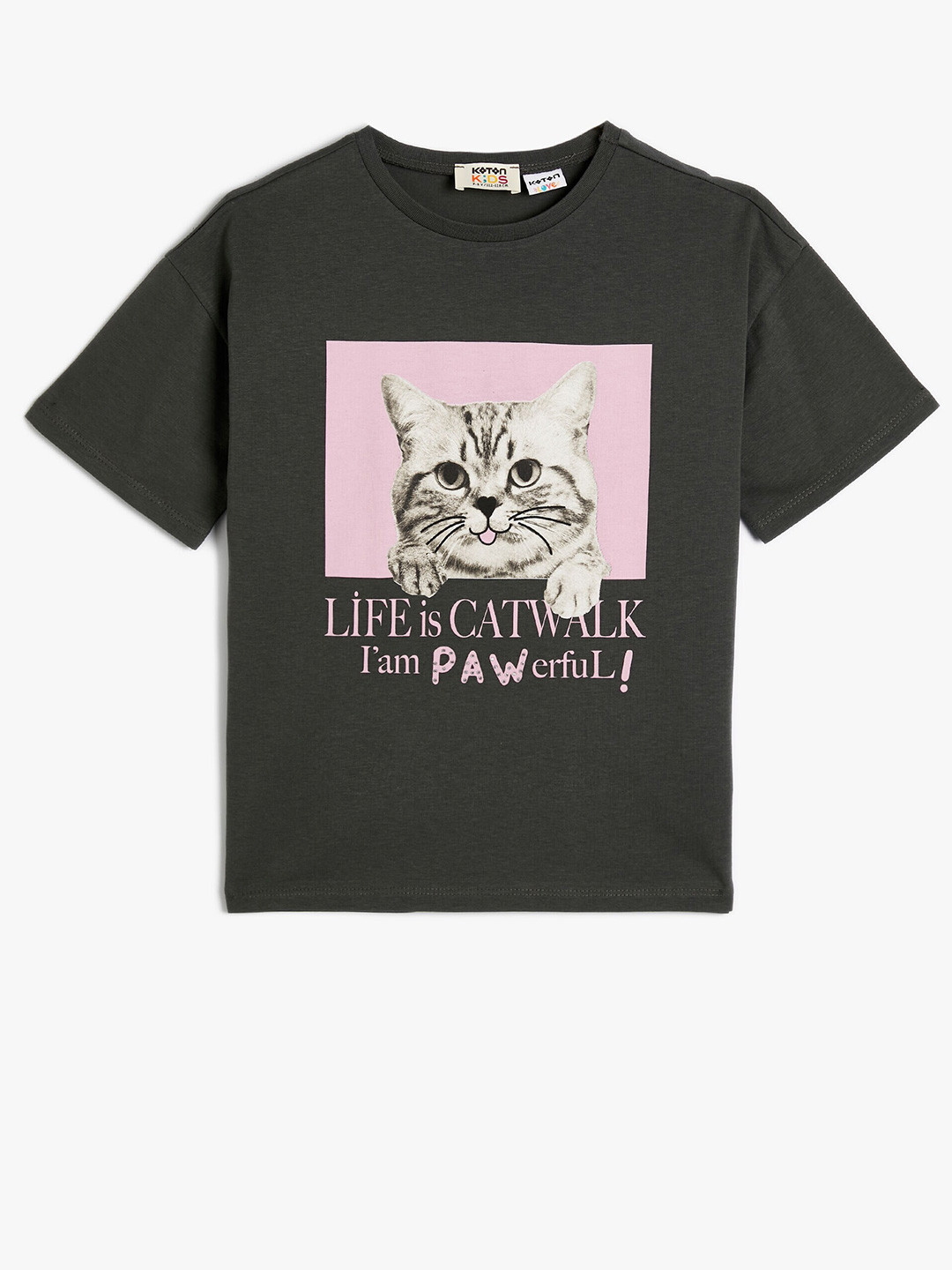 

Koton Girls Graphic Printed Pure Cotton T-shirt, Grey