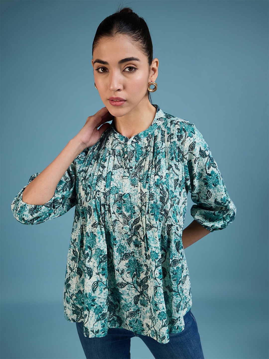 

DressBerry Floral Printed Mandarin Collar Cotton Shirt Style Top, Teal