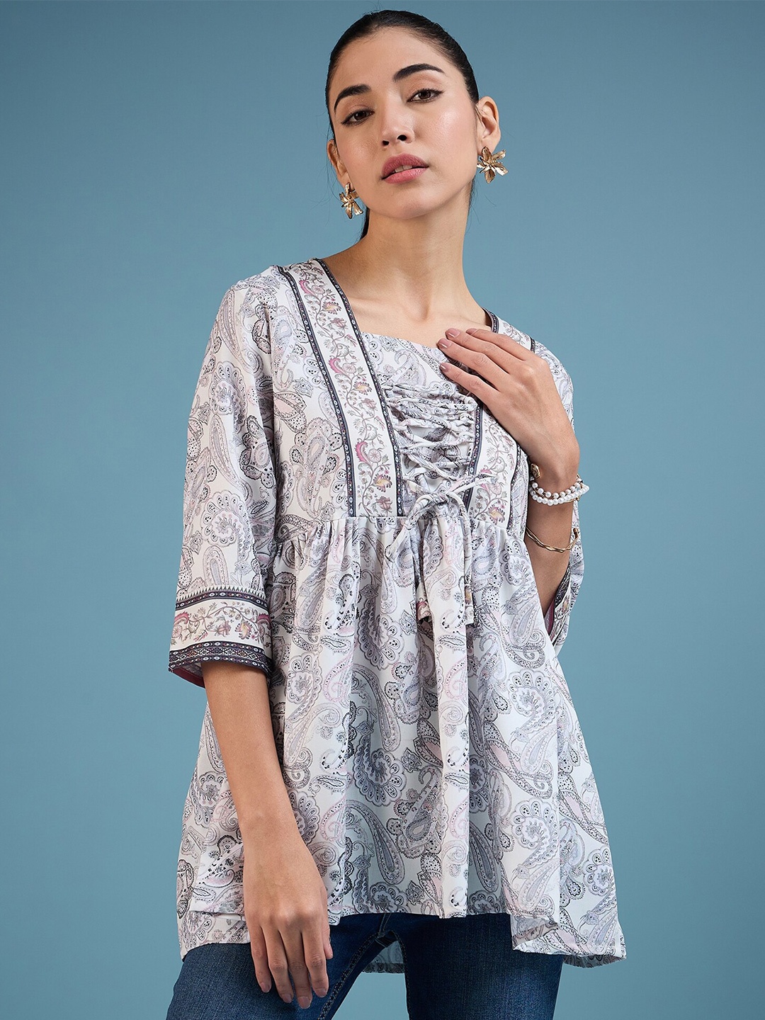 

DressBerry Off White Ethnic Motifs Printed Longline A-Line Top